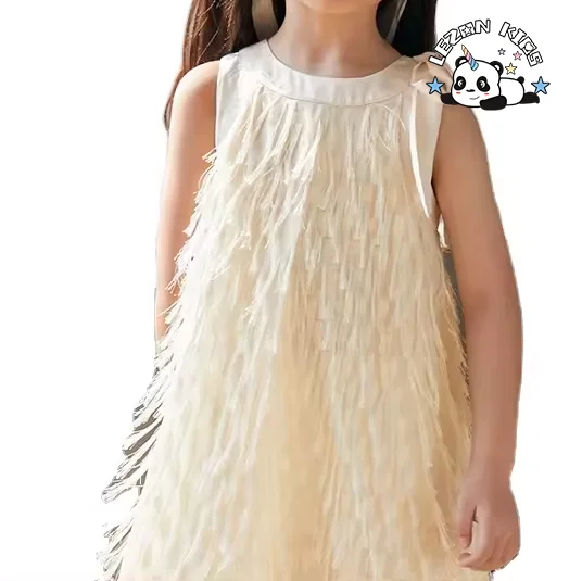 LEZONKIDS - 2023 Top Fashion Children's Clothes Tassel Feather Tutu Kids Bow Tie Summer Vest Dresses for Kid Girls